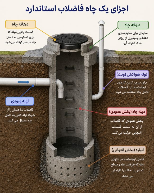 یک چاه فاضلاب استاندارد از چه اجزایی تشکیل شده است؟