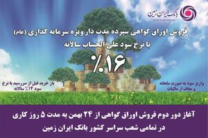 آغاز دور دوم فروش اوراق گواهی سپرده سرمایه گذاری بانک ایران زمین با نرخ 16 درصد
