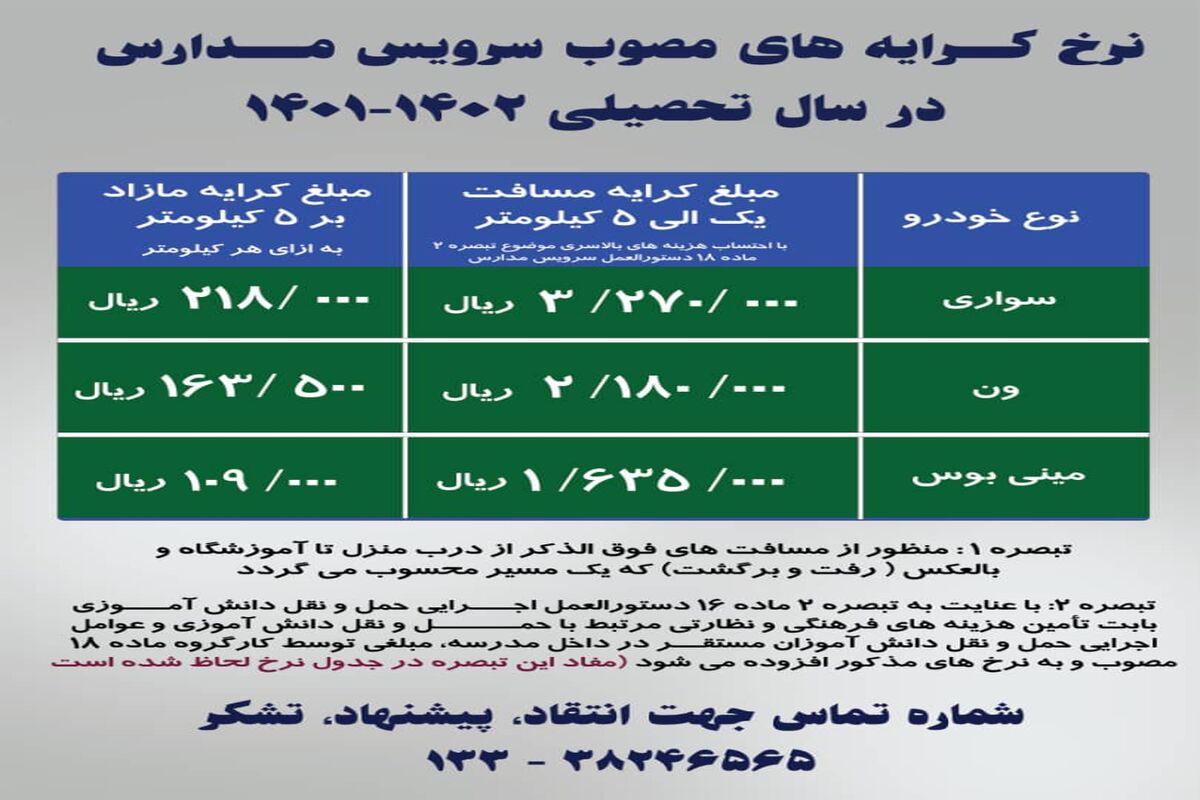 نرخ کرایه سرویس مدارس